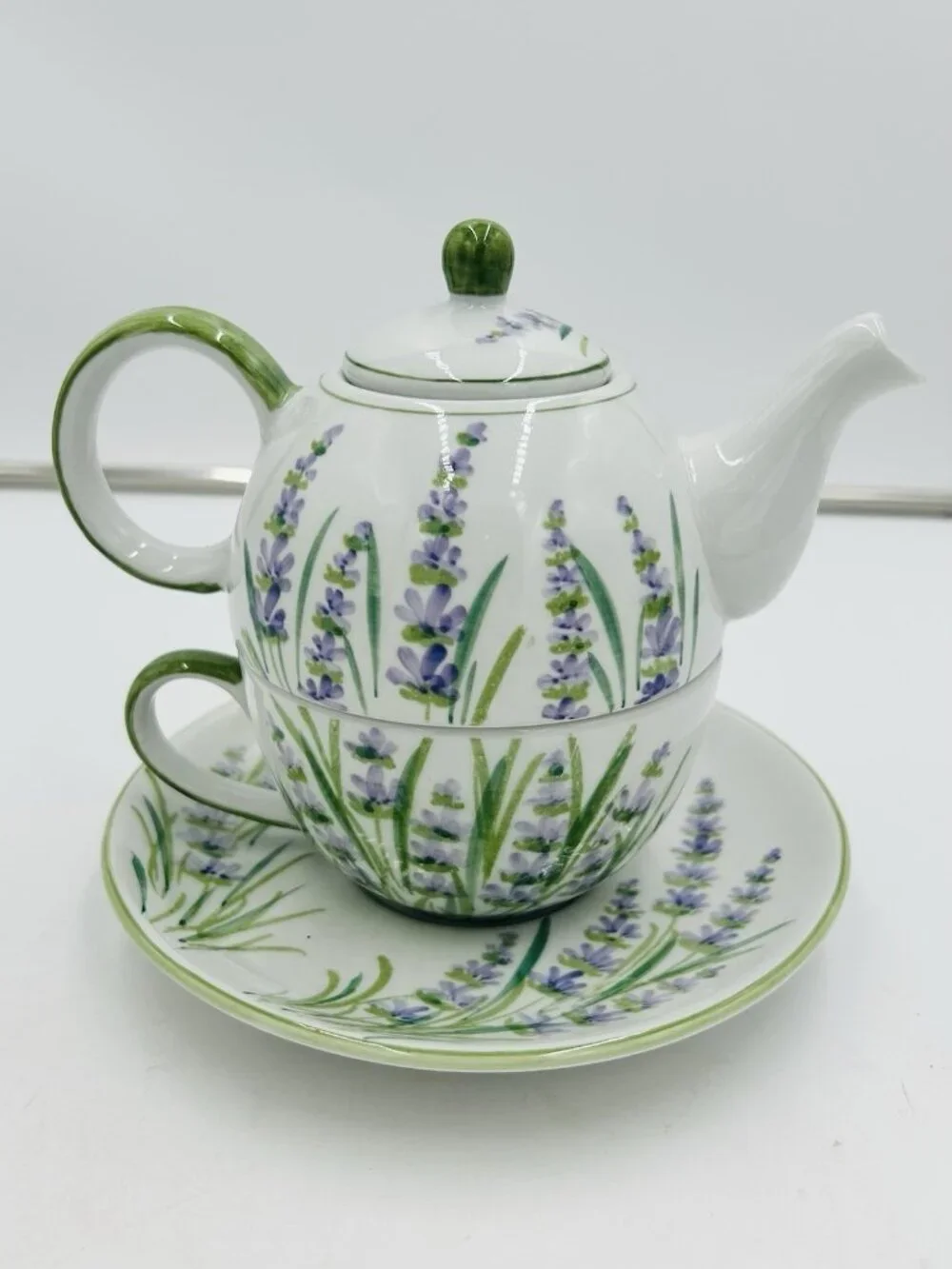 Andrea by Sadek Lavendar Stackable Tea for One Set Teapot Teacup Saucer